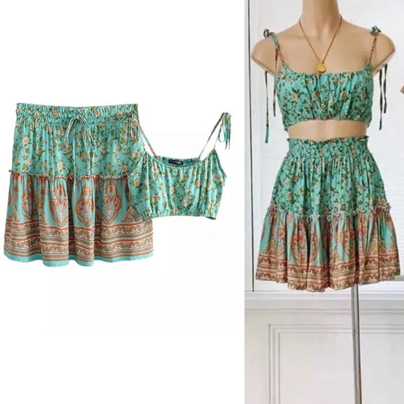 Boho Gypsy Floral Print 2 Piece Skirt Crop Top Set - Picture 10 of 12